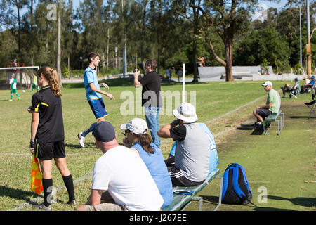 Girl female lineswoman linesman at a male football soccer game in Sydney, between teams in the Manly Warringah league Stock Photo
