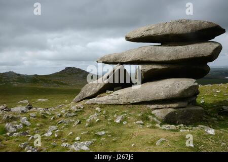Showery Tor granite boulders, with Rough Tor in the background, Bodmin Moor, Cornwall, UK, May 2014. Stock Photo