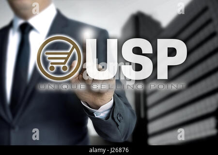 USP touchscreen is operated by businessman. Stock Photo