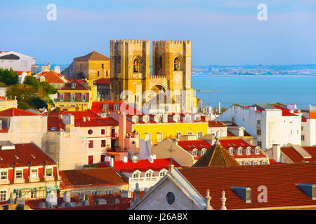 View of Lisbon Old  Town with Santa Maria cathedral in the center. Portugal Stock Photo