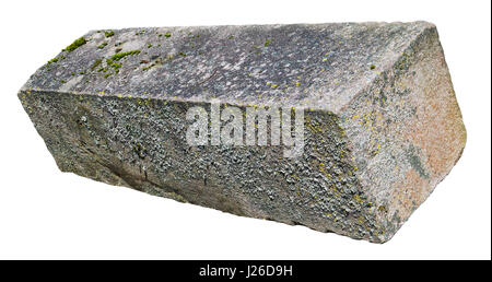 The big long rectangular old aged mossy solid  block from red granite. Isolated on white outdoor shot Stock Photo