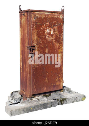 The ugly rusty metal small locked shed on the basis from concrete plates. Isolated with patch outdoor image Stock Photo