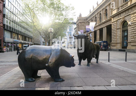 Statues of a bear and bull in front of the Stock Exchange building in Frankfurt, Germany, Europe Stock Photo