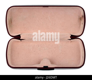 The open cheap broken dirty plastic case for grandfather's glasses. Isolated on white Stock Photo