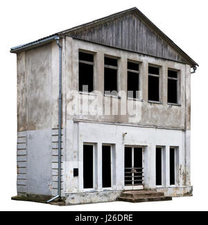 The strange collapsing narrow two-storeyed shed will be broken soon. Building and glass isolated with patch Stock Photo