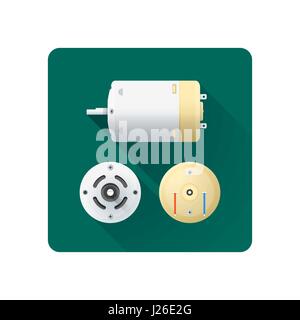 vector colored flat design direct current electric motor different angles illustration icon long shadow rounded square background Stock Vector