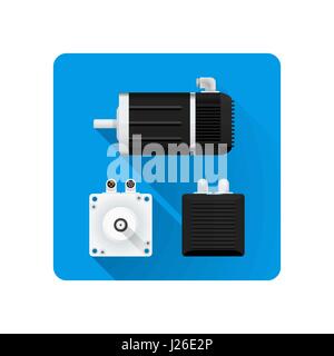vector colored flat design servo electric motor different angles illustration icon long shadow rounded square background Stock Vector