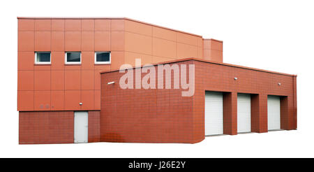 The agricultural no name mass production brick garage and warehouse is revetted with red metal panels. Isolated on white Stock Photo