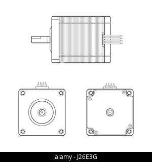 vector black outline monochrome stepper electric motor different angles illustration isolated white background Stock Vector