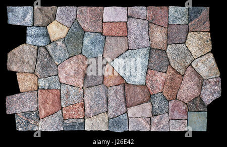 The flat panel is decorated with a mosaic from roughly processed granite polygonal tiles. Isolated on black Stock Photo