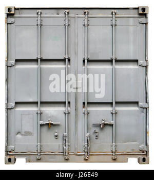 Door and locking mechanisms of a steel gray old rusty sea cargo container. Isolated with patch Stock Photo