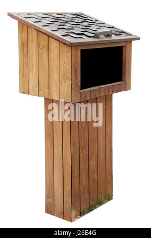 The rustic mailbox for newspapers and letters is made of the varnished pine boards. Isolated on white Stock Photo