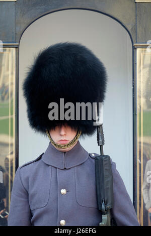 Queen's guard in Winter uniform at Windsor Castle, England, UK, Europe Stock Photo