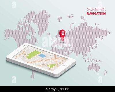 Vector Isometric smartphone with map navigation app and geotag symbol, technology flat 3d isometry, location concept Stock Vector