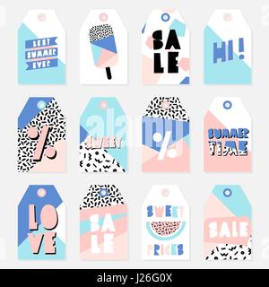 Retro design summer sale tags with pastel colored geometric shapes, black and white pattern and cutout letters. Stock Vector