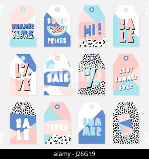 Retro design summer sale tags with pastel colored geometric shapes, black and white pattern and cutout letters. Stock Vector
