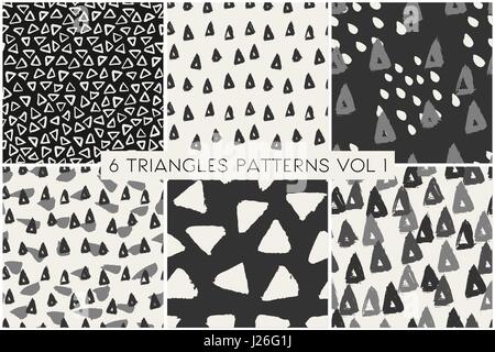 A set of 6 hand painted triangle patterns in gray, black and cream. Seamless abstract repeat background, gift wrap, wall art design. Stock Vector