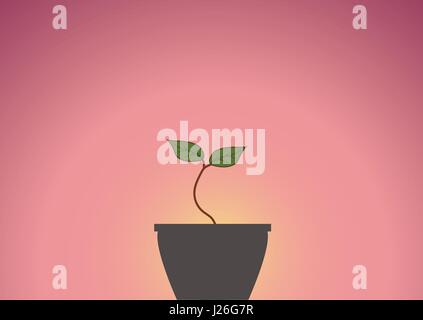 Young green sprout in the pot against the background of the sunrise Stock Vector