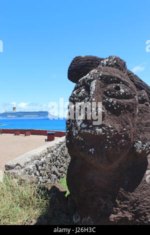 Maoi on Easter Island with cruise ship in background Stock Photo