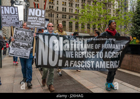 New York City, USA. 24th April, 2017. Refuse Fascism held a press conference outside the Museum of Jewish Heritage at 36 Battery Place, in New York City; protesting the Trump administration's threats and actions against followed by a peaceful procession to the the U.S. Federal Building at 26 Federal Plaza, where participants attempted to present the Adolf Eichmann Award to Department of Homeland Security Secretary John Kelly and the Joseph Goebbels Award to Attorney General Jeff Sessions. (Photo by: Erik Mcgregor/Pacific Press) Credit: PACIFIC PRESS/Alamy Live News Stock Photo