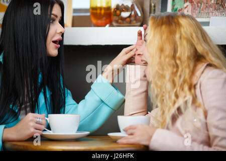 Two girlfriends chatting in cafe for mug of tea Stock Photo