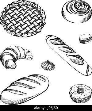 Set of vector illustrations - different kinds of cookies and cakes, isolated. Hand drawn detailed drawing in vintage style. Stock Vector