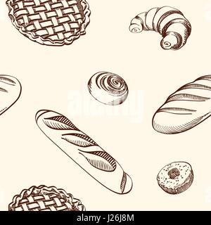 Set of vector illustrations - different kinds of cookies and cakes, seamless background. Hand drawn detailed drawing in vintage style. Stock Vector