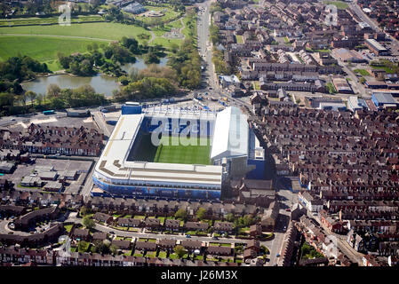 An aerial view of Goodison Park, Liverpool, home of Everton FC, Merseyside, UK