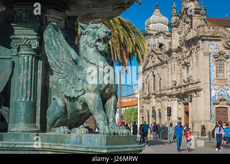 Porto Portugal fountain, detail of the 'Fountain of Lions' sited in the Praca de Gomez Teixeira near the historic Igreja do Carmo church, Porto Stock Photo