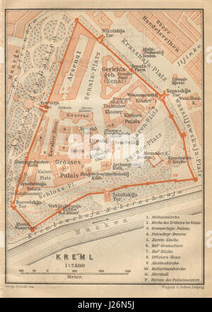 Kremlin Ground Floor Plan. Moscow, Russia. Baedeker 1914 Old Antique 