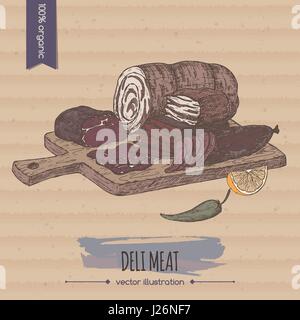 Color vintage deli meats platter template placed on cardboard background. Stock Vector