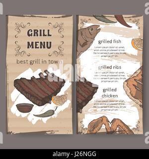 Color vintage grill restaurant menu template with hand drawn sketch Stock Vector