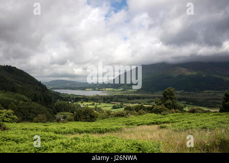 The southern tip of Bassenthwaite Lake. with low lying agricultural land near Keswick in The Lake District of Cumbria, Britain Stock Photo