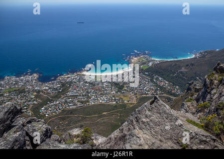 Spectacular view looking down to Camps Bay and the ocean from Table Mountain, Cape Town, South Africa Stock Photo