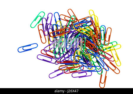 Multi coloured heap of metal paper clips isolated on a white background Stock Photo