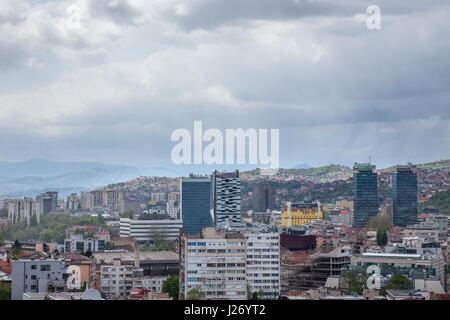 SARAJEVO, BOSNIA HERZEGOVINA - APRIL 17, 2017:  Picture of the newer part of Sarajevo seen from an elevated point of view during a rainy afternoon  No Stock Photo