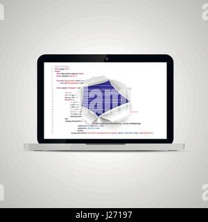 Realistic glossy laptop with torn hole in program code with BSOD error on background Stock Vector