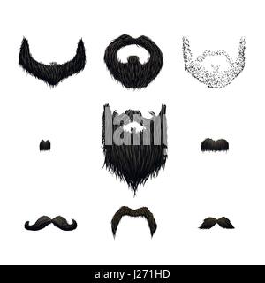 Set of detailed black mustaches and beards isolated on white Stock Vector