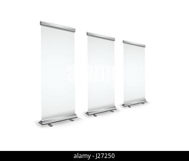 Three blank realistic roll-up banners with shadow in perspective view isolated on white Stock Vector