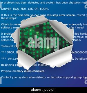 Torn hole in BSOD error text with green matrix code signs on background Stock Vector