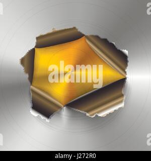Torn hole in glossy round polished metal plate on golden background Stock Vector