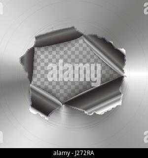 Torn hole in glossy round polished metal plate on transparent background Stock Vector