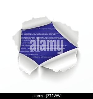 Torn hole in white sheet of paper on BSOD error code Stock Vector