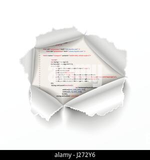 Torn hole in white sheet on complicated HTML program code Stock Vector