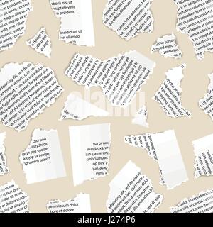 White torn paper pieces of text document, seamless pattern Stock Vector