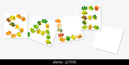Word SALE composed of autumn maple leafs on white sheets with shadow. Isolated on gray background. Stock Photo