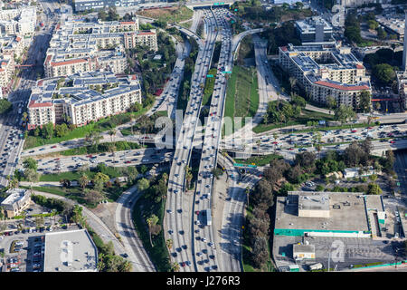 Los Angeles, California, USA - April 12, 2017:  Afternoon aerial view of the Hollywood 101 and Harbor 110 freeway interchange in downtown LA. Stock Photo