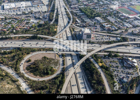 Aerial view of the Glendale 2 and Ventura 134 freeway interchange in the Eagle Rock neighborhood of Los Angeles, California. Stock Photo