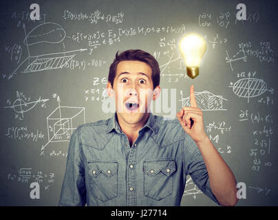 smart student with idea light bulb and various high school maths and science formulas on background Stock Photo