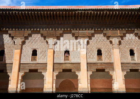 Berber arabesque Morcabe plasterwork of the 14th century Ben Youssef Madersa (Islamic college) re-constructed by the Saadian Sultan Abdallah al-Ghalib Stock Photo